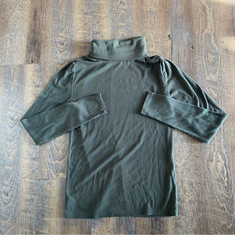 Loft Ribbed Turtleneck Shirt Long Sleeves XS Stretch Olive Green - Picture 2 of 10